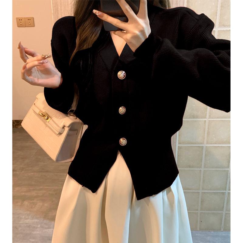 

Маленький французский ароматный кардиган, женский свитер с аурой и v-образным вырезом, куртка с длинными рукавами, элитный свитер с чувством талии, женский топ One Size чёрный