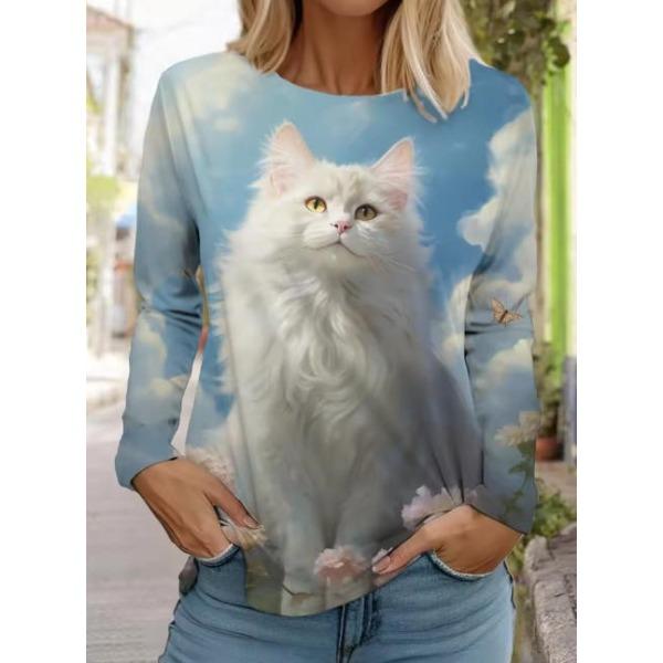 Camisetas de Mujer de Manga Larga Casuales de Moda con Cuello Redondo y Estampado de Gato Lindo con Impresión 3D para Primavera y Otoño