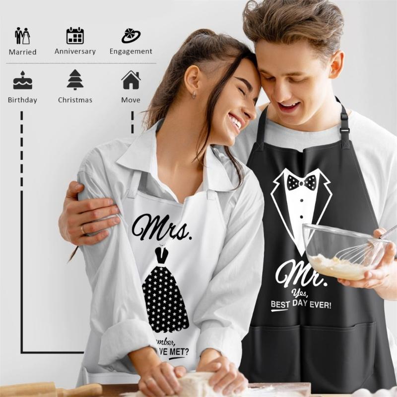 Couples Apron Set Lovely Pattern Adjustable Ties Resistant Kitchen Wear Wedding Anniversary Gift Set Apron with Gloves