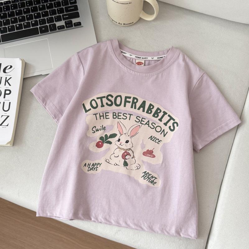 2025 New Girls Sweet Cartoon Cotton T-Shirt - Medium to Large, Short-Sleeved, Round Neck 120 cm