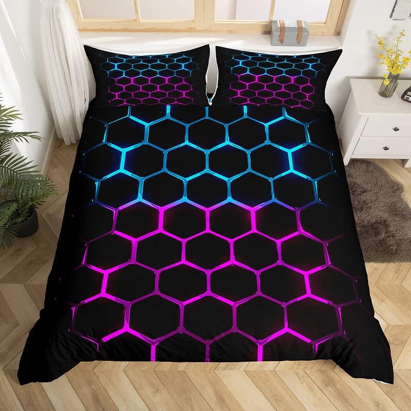 Honeycomb Duvet Cover Set Twin Queen Size, Geometric Hexagon Bedding Set For Boys Men Room Decor, Modern Style Comforter Cover