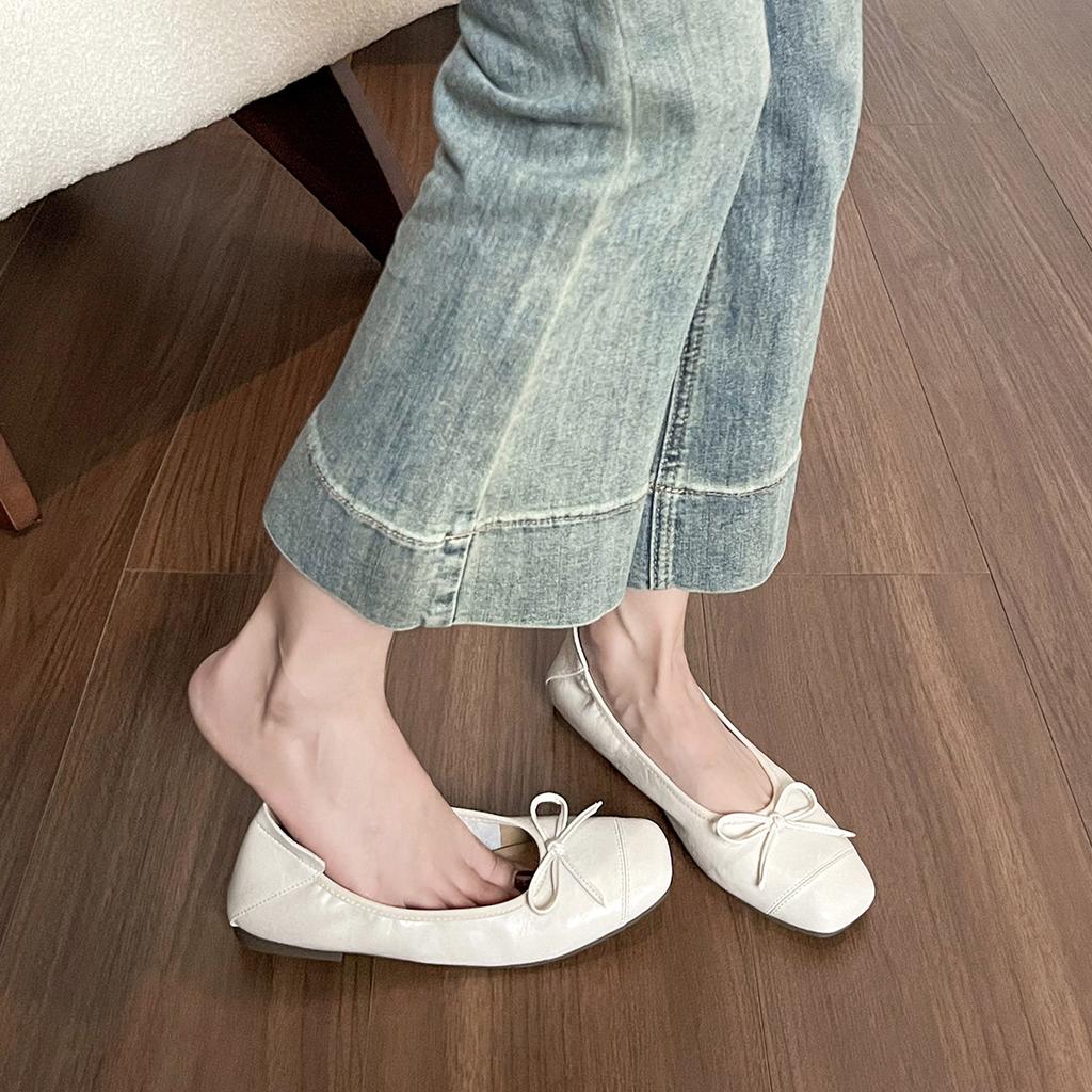 Square head bow ballet single shoes women's flat shoes one pedal