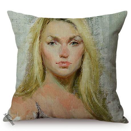 Beautiful Face Oil Painting Art Decorative Throw Pillow Case Funky Woman Portrait Cotton Linen Sofa Cushion Cover Cojines