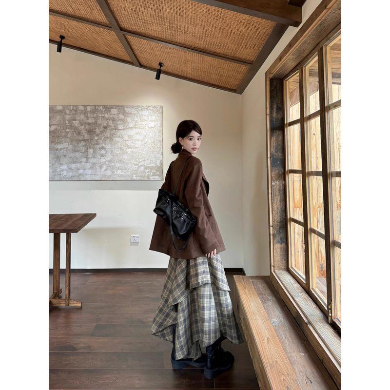 Fancy Elegant Outfit Retro Suede Suit Jacket Long-Sleeved Women's Autumn Stylish Skirt Three-Piece Suit