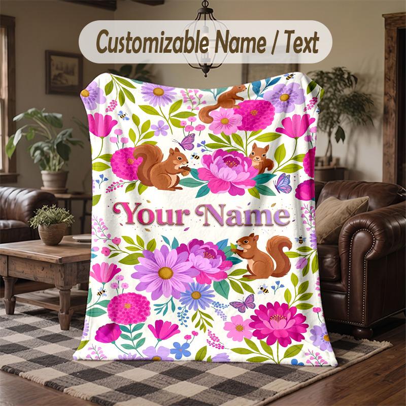 Floral Squirrel Garden 1 Theme Throw Blanket Custom Name Text Personalized Blanket Soft Cozy Blanket for Home Sofa Bed