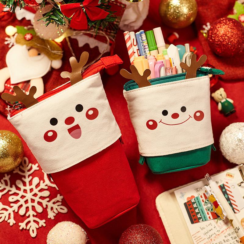 Christmas Retractable Cute Pencil Case School Stationery Storage Bag Canvas Pencil Bag Kawaii Pen Holder Children Christmas Gift