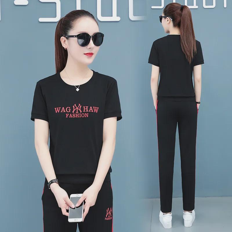 95% Cotton Elastic Stylish Women's Summer Leisure Sports Set: Short-Sleeved T-Shirt & Trousers