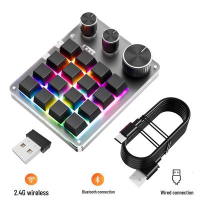 3-Mode Bluetooth/Wired 16-Key Mechanical Mini Keyboard with 3 Knobs for Gaming and Office Shortcuts