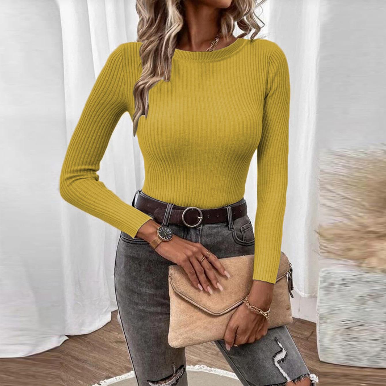 

Женская мода повседневная осень-зима однотонный принт длинный рукав O-образный вырез свитера XL жёлтый