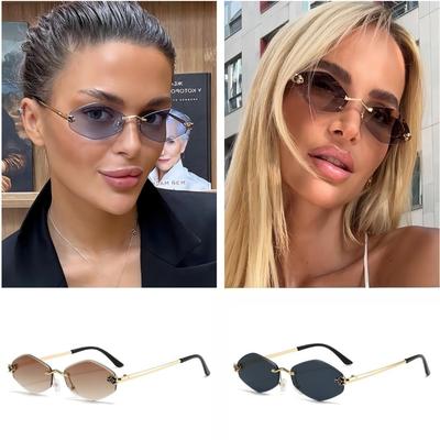 Trendy Rimless Polygonal Sunglasses Stylish Gradient Lens Metal Frame Eyewear Luxury Brand Small Rhombus Vintage Sun Glasses