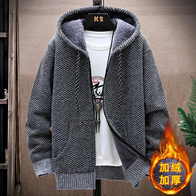 Módní pletenina Pánský kardigan Podzim a zima Nový sametový zahuštěný kabát S kapucí Velká velikost Svetr