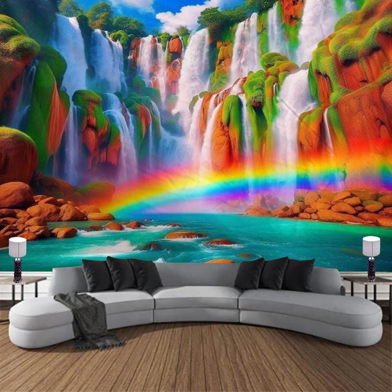 Nature Landscape Wall Tapestry Waterfall And Deer Art Sunny Forest Design Boho Decor For Living Room And Bedroom