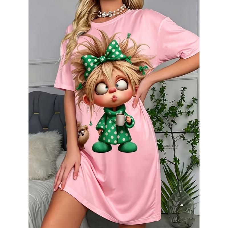 Damen Polka Dot Skurriles Schmollendes Süßes Mit Welpenprint Lässiges Haus Rundhals T-Shirt Kleid