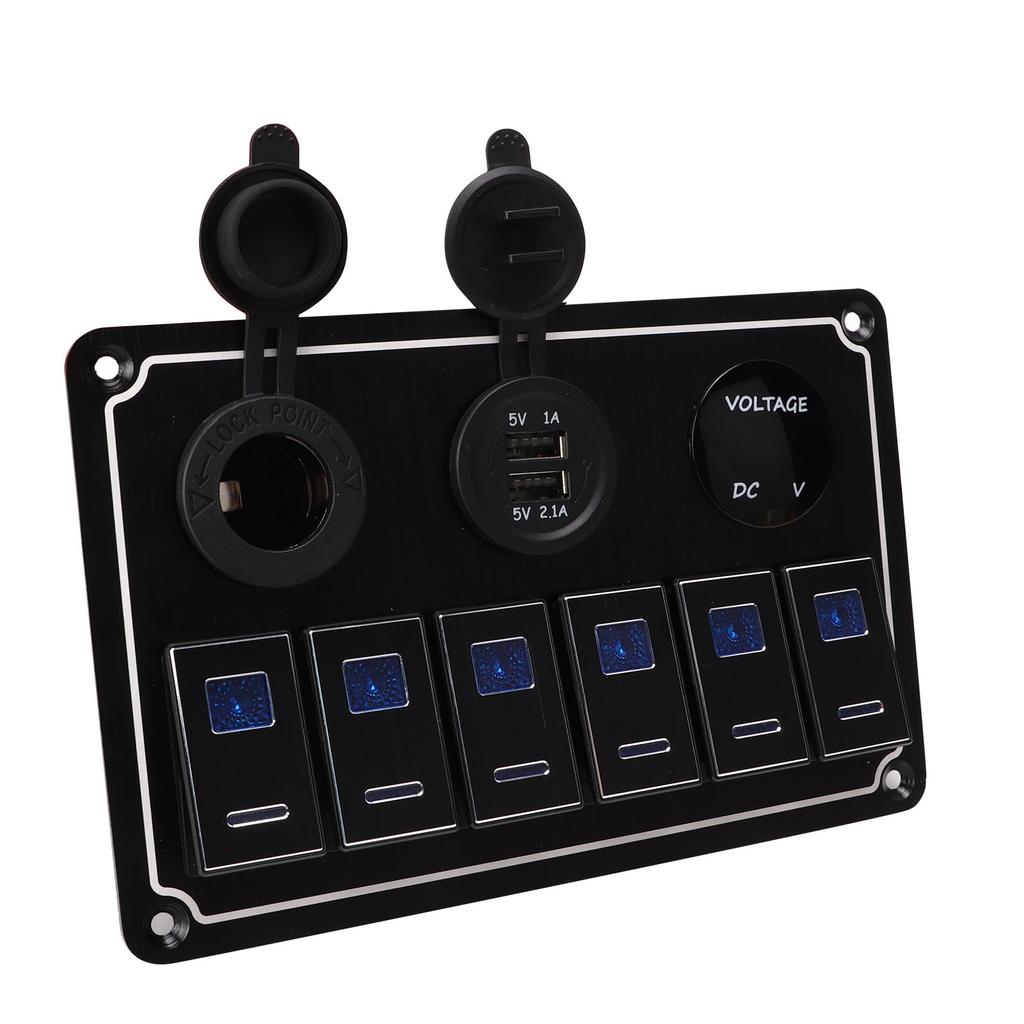 6 Gang Rocker Switch Panel Waterproof DC12V To 24V 20A Blue LED Light 5PIN Overload Protection for Car Yacht RV Bus