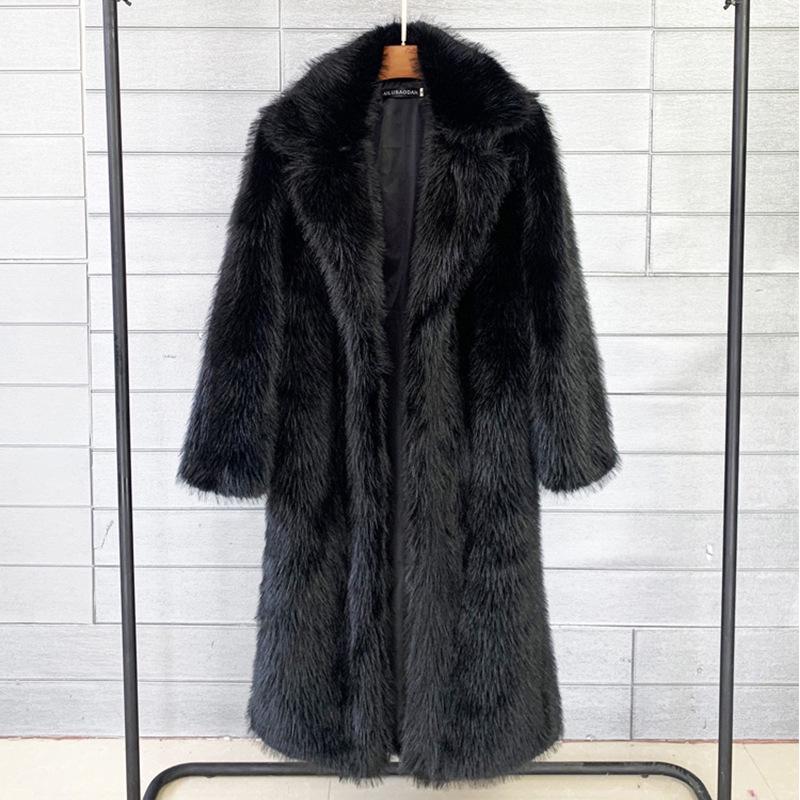 European & American Women's Winter Faux Fur Long Coat with Suit Collar