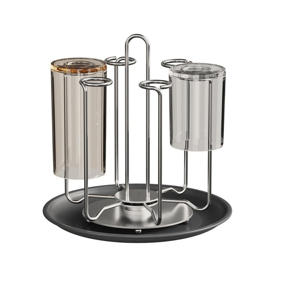 Stainless Steel Rotating Cup Holder Large Capacity Upside-Down Cup Drying Rack with Tray Saving Space Tea Cup Storage Shelf