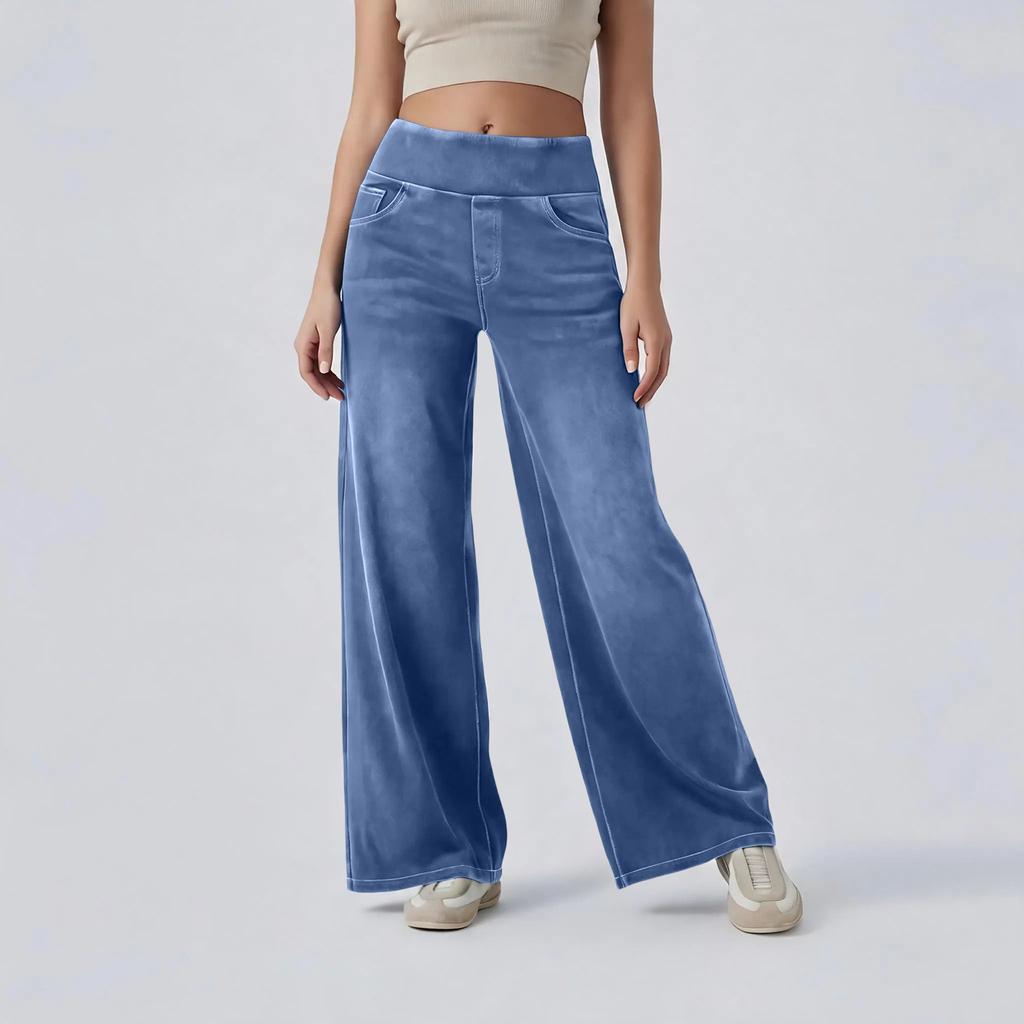 Women Wide Leg Jeans with Zipper Pockets Loose Fit High Waist Denim Pants Full Length Casual Bottoms for Work and Daily Wear