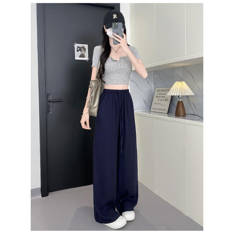 Women Linen Blend Wide Leg Pants High Waist Loose Summer Trousers
