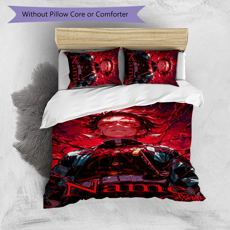 3pcs Custom Name Demon Slayer Tanjiro Bedding Set Duvet Cover Closure Includes 1 Duvet Cover & 2 Pillowcases for All Seasons Bedroom Decor