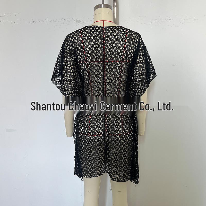 European & American Women's Sexy Hollow Deep V-Neck Knit Waist-Cinching Beach Cover-Up Dress