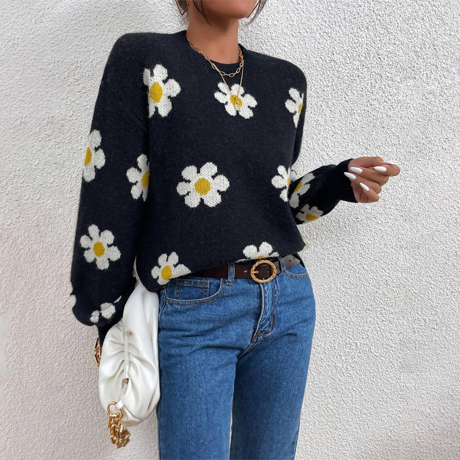

Осенне-зимний вязаный свитер с круглым вырезом, маленькая женская куртка с принтом ромашки M чёрный