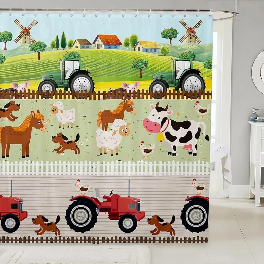 Kid Excavator Shower Curtain Tractor Mechanic Truck Construction Vehicle Boys' Bulldozer Crane Hanging Curtains Bathroom Decor