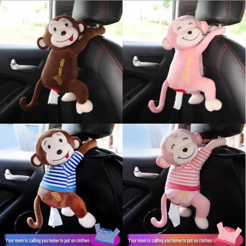 Cartoon Plush Monkey Tissue Box - Cute Car Hanging Pull-Out Cover
