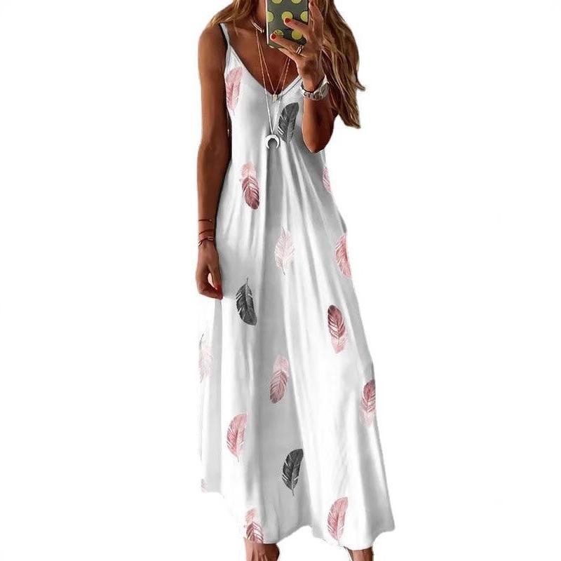 Damen V-Ausschnitt Ärmellos Spaghettiträger Maxikleid Lockerer Schnitt Federdruck Fließendes Langes Kleid Sommer Strandurlaub Freizeitkleid