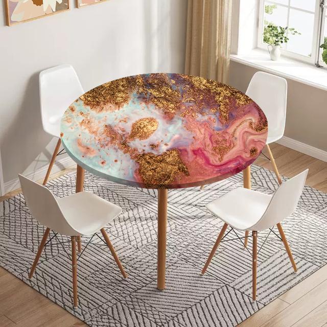 Marble Round Tablecloth Waterproof Elastic Dining Table Decoration Accessories Classic Style Home Kitchen Dining Room Decoration