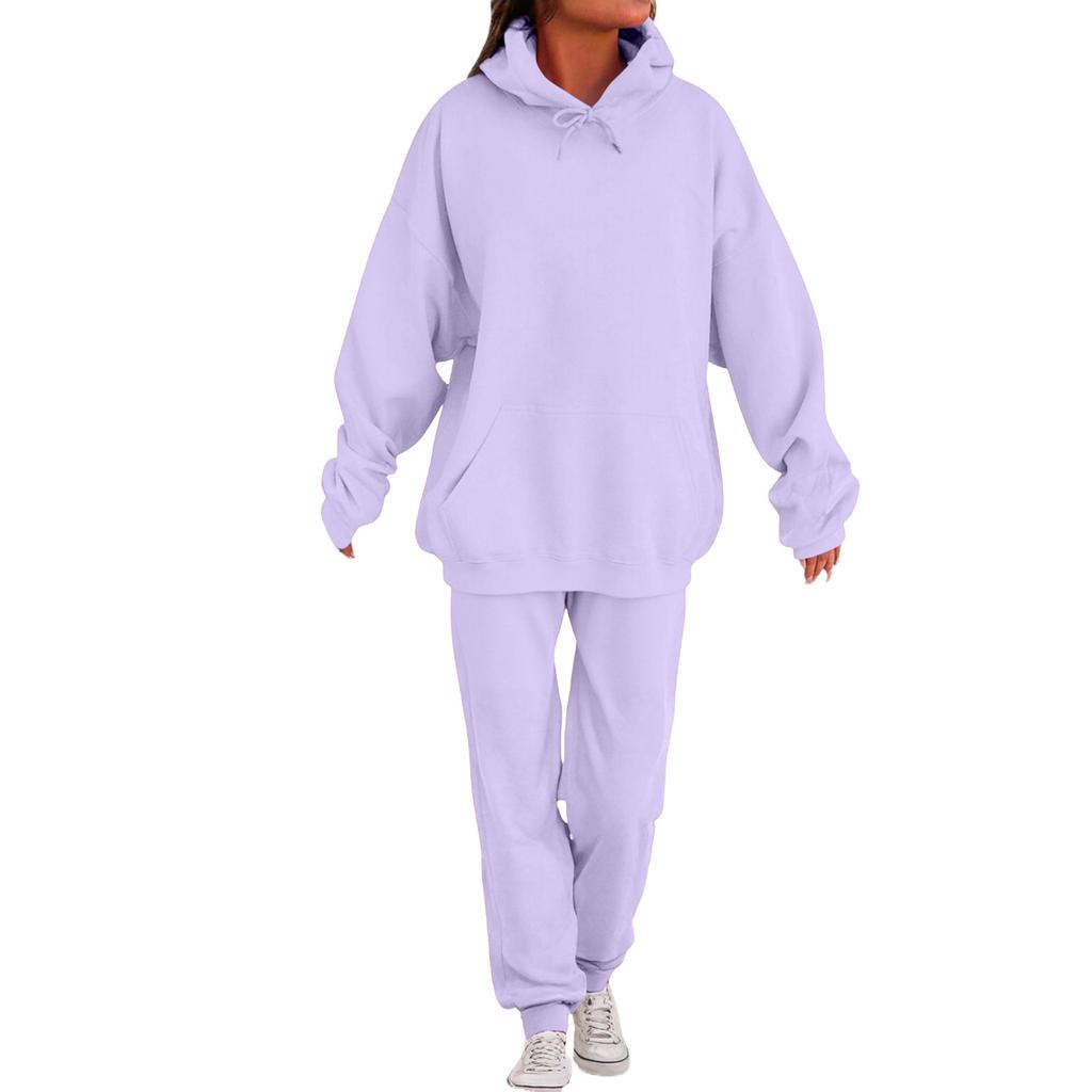 Women's Fashion Casual Solid Color Loose Hooded Sweatshirt Suit