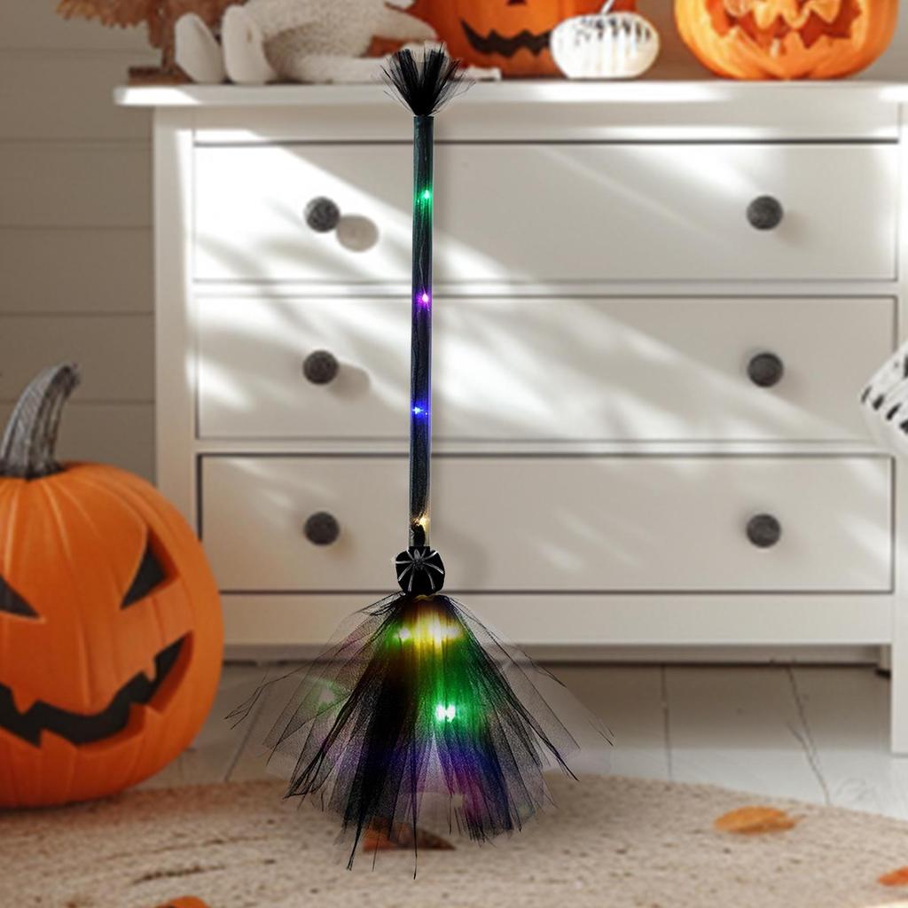 Halloween Witch Broom LED Illuminated Mount Broom Lightweight Mesh Broom Props Holiday Decor Cosplay Accessories