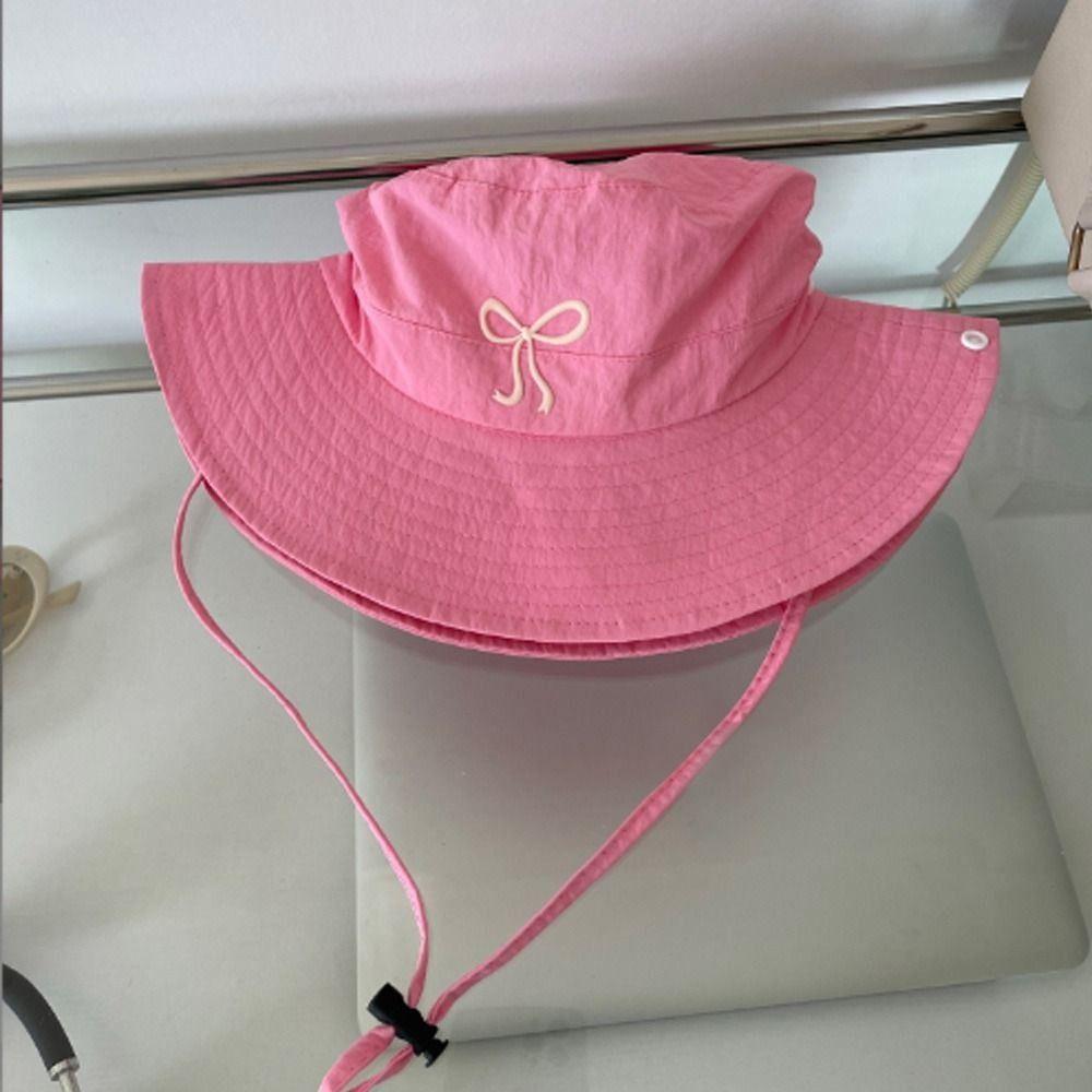 New Cute Pink Bow Strap Bucket Hats for Women 2025 Summer Outdoor Camping Sunscreen Quick Drying Breathable Fishing Caps