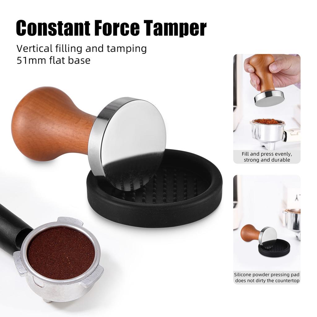 3pcs Coffee Tool Set 12oz 350ml Stainless Steel Milk Frothing Pitcher with Scale 51mm Flat Base Tamper with Wood Handle