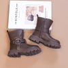 2025 Autumn/Winter Girls' Mid-Calf Leather Boots with Side Zipper and Velvet Lining