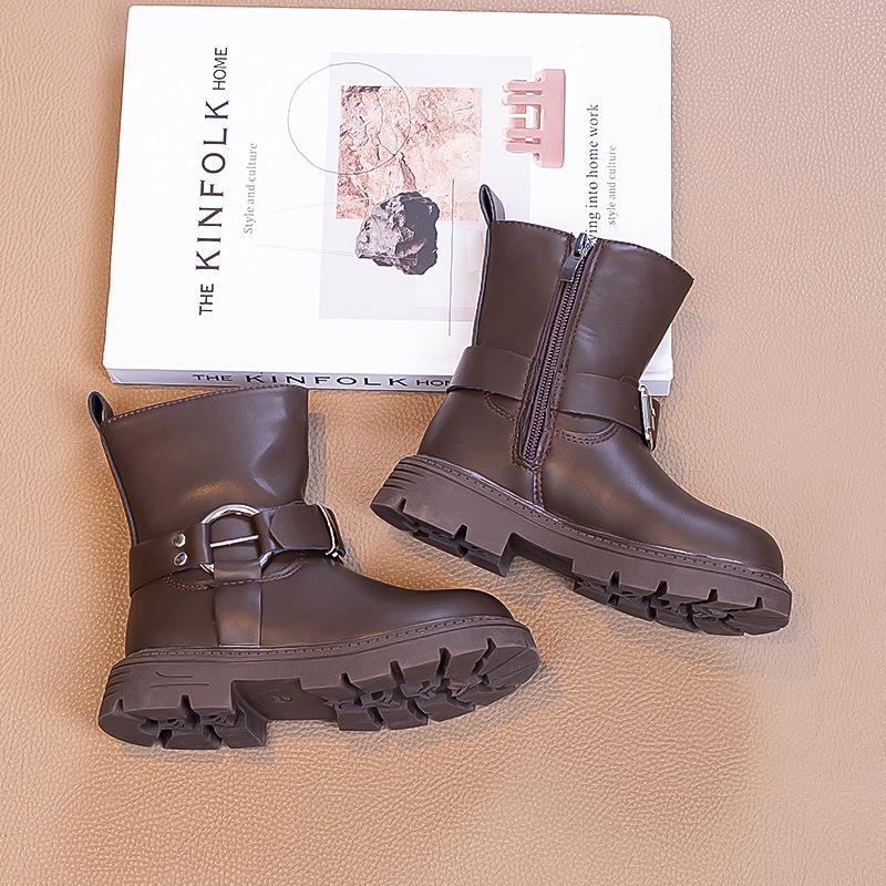 2025 Autumn/Winter Girls' Mid-Calf Leather Boots with Side Zipper and Velvet Lining