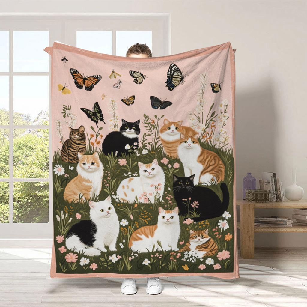 Vintage Pet Cat Digital-printed Polyester Bedroom Velvet Flannel Soft Sofa Cover Blanket Fleece Soft Cover Blankets for Beds