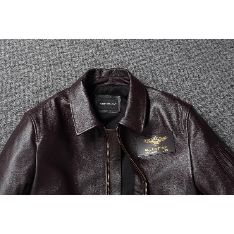 Chinese Size Vintage Brown First Layer Cowhide High Waisted Men Leather Jacket 45P Flight Coat Lapel Short Leather Jackets Pilot Jacket
