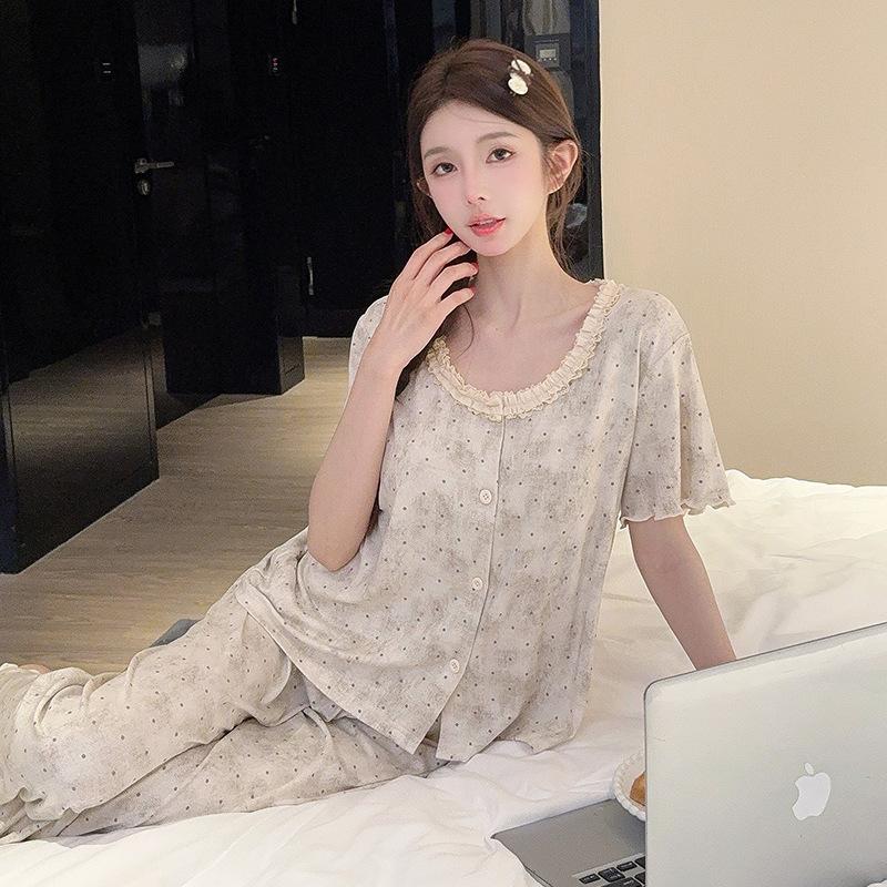 Oh Mi Da Modal cotton pajamas women's summer short-sleeved trousers high-end printed crew neck cardigan loungewear set