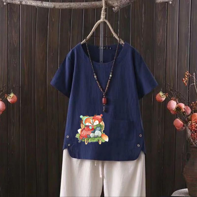 

Футболка женская из хлопка и конопли с V-образным вырезом и принтом лисы 2025 года — повседневная и шикарная 4XL темно-синий