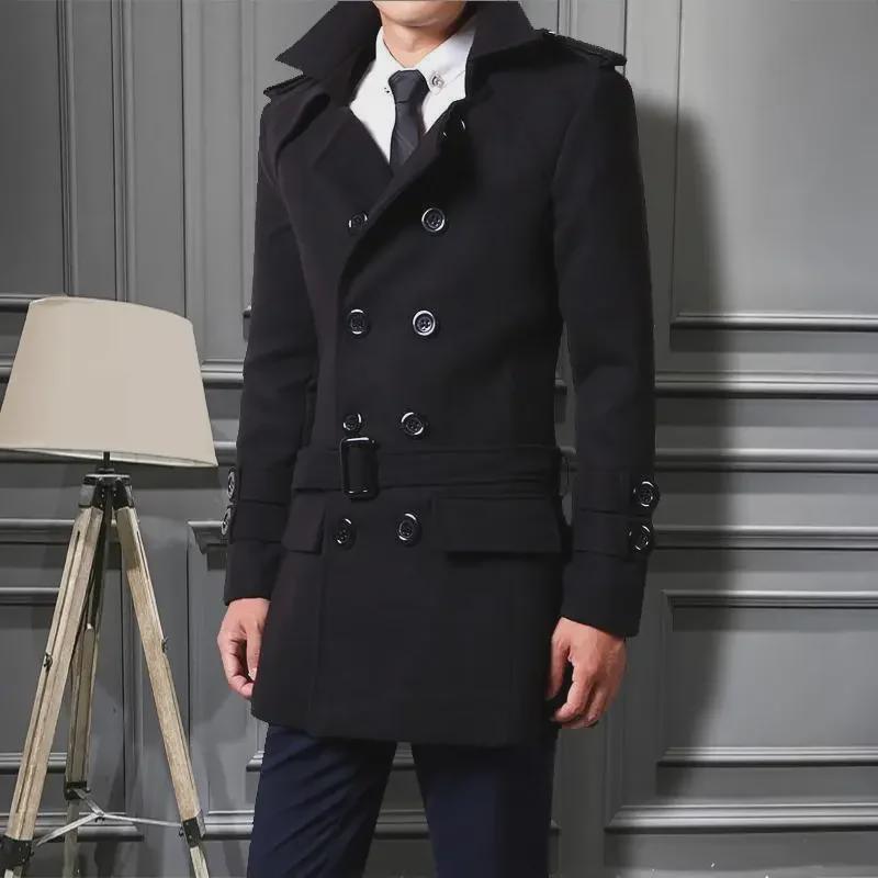 2024 Autumn/Winter Men's Slim Double-Breasted Wool Trench Coat - Trendy Korean Style