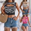 Summer Hollowed-out Contrasting Color Zebra Print Crop Top Women's Vacation Top