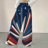 Women Plus Size Beige Star Striped Printed Loose Straight Leg Full Length Pants