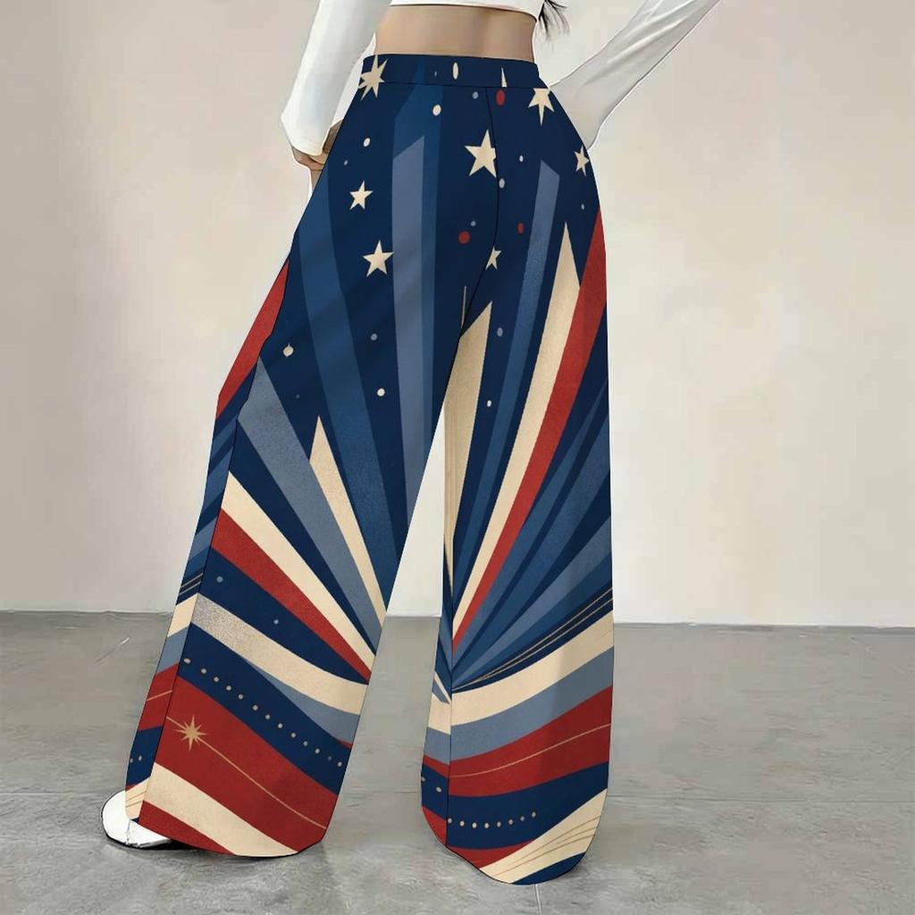 Women Plus Size Beige Star Striped Printed Loose Straight Leg Full Length Pants