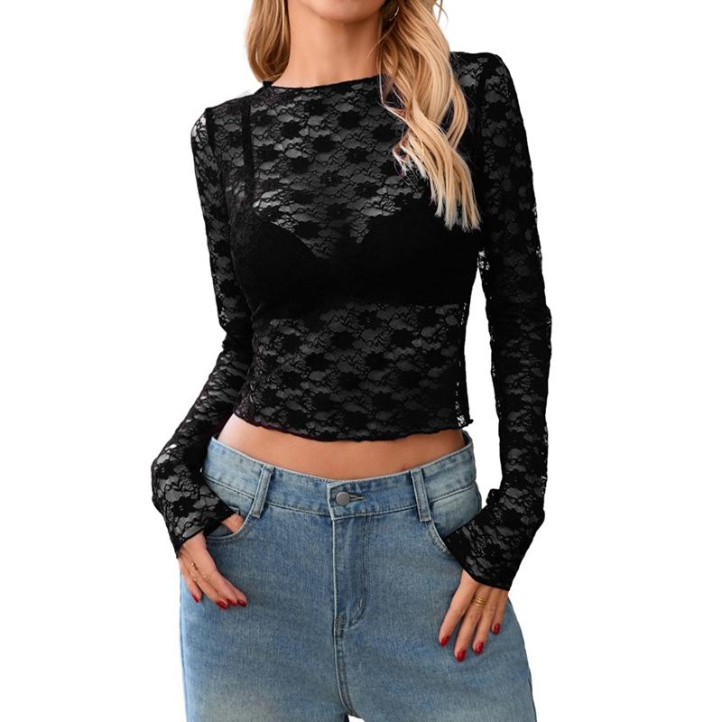 Damski koronkowy siateczkowy crop top z długim rękawem