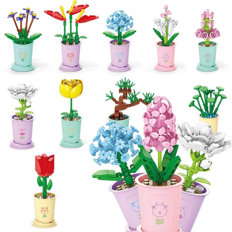 Hot Creative Small Building Block Flower Art Classic Brick Mini Potted Plant Gift For Girls Desk Decoration Simple Assembly Toys