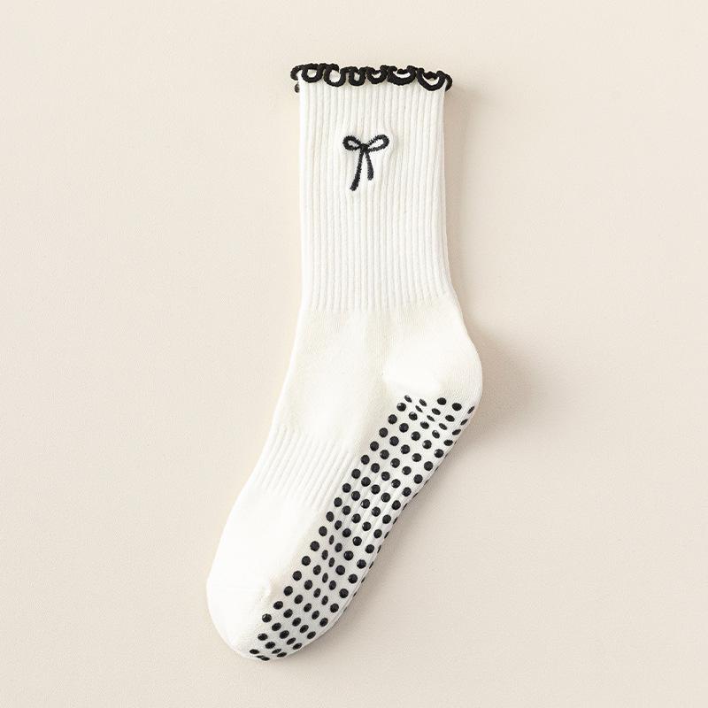 Women's Non-Slip Mid-Calf Pilates Yoga Socks with Bow Embroidery