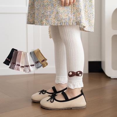 Lovely Baby Girls Trousers Solid Color Cartoon Trousers Knit Side Bowknot Trim Leggings Soft Warm Spring Autumn Cotton Tights