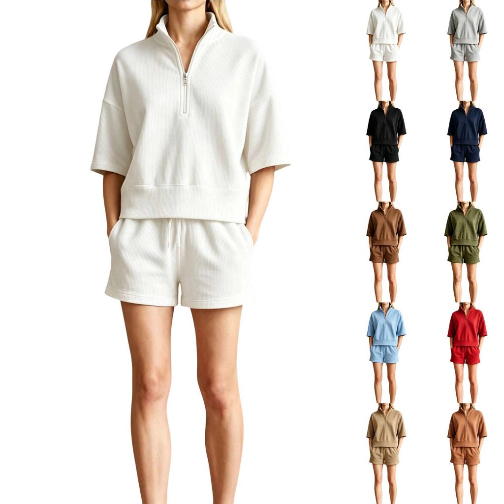 Damen Lässiges Sport-Zweiteiler-Set mit halbem Reißverschluss und geripptem Kragen, Kurzarm-Oberteil und Shorts, Loungewear
