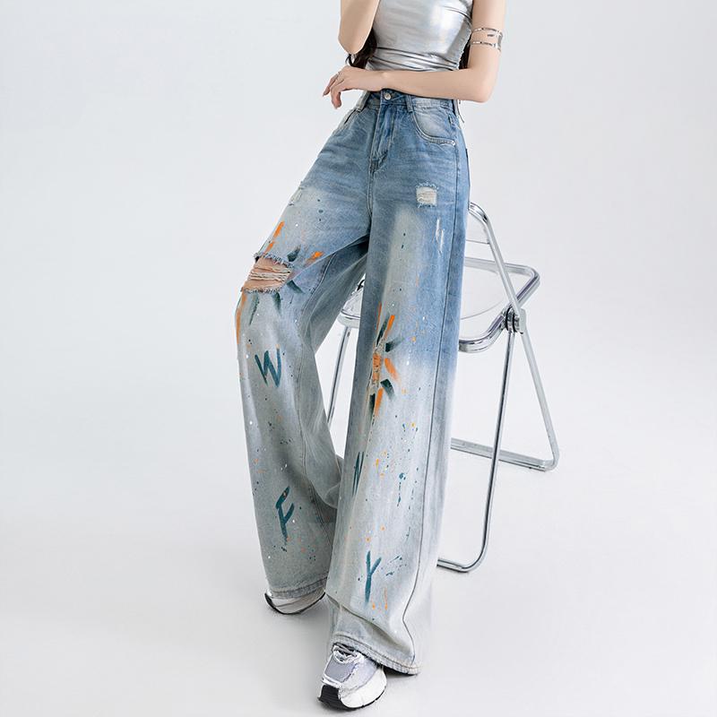 Graffiti Ripped High Waist Denim Wide Leg Pants Stretch Comfortable Street Fashion