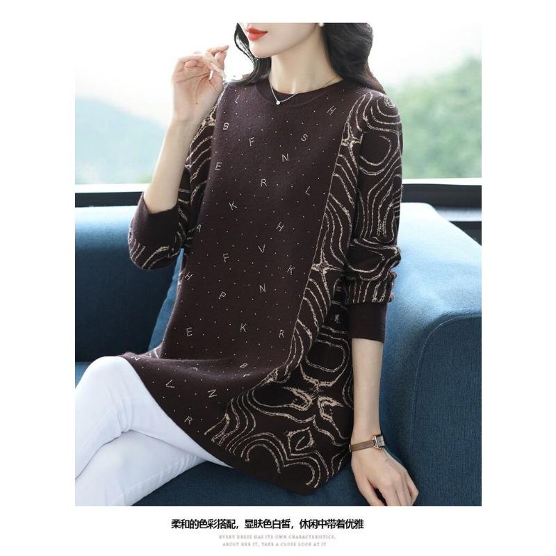 Autumn Winter Mom's New Loose Knitted Sweater Round Neck Mid-length Sweater Dress Fashion Bottoming Top